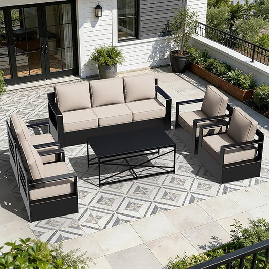 Outdoor Aluminum Furniture Set, 6-Piece Patio Conversation Set, 4 Chairs 1 Sofa and 1 Table, All-Weather Metal Frame, 6" Thick Removable Cushions, Deep Setting for Garden, Poolside and Porch