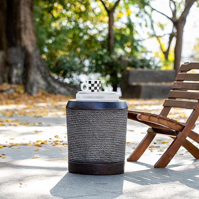 Outdoor Side Table Concrete End Table Faux Stone Side Tables with Braided Cord Small Round Coffee Tables for Indoor Outdoor, Garden Stool Plant Stand for Porch, Patio,Dark Brown