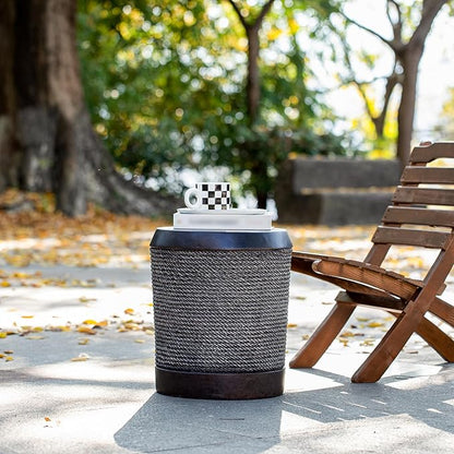 Outdoor Side Table Concrete End Table Faux Stone Side Tables with Braided Cord Small Round Coffee Tables for Indoor Outdoor, Garden Stool Plant Stand for Porch, Patio,Dark Brown