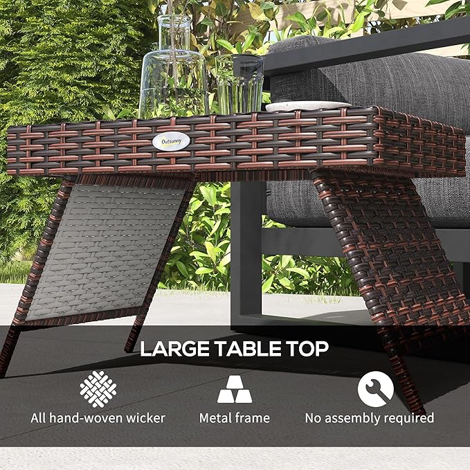 Outsunny Folding Rattan Side Table, Outdoor End Table, Hand Woven PE Rattan Coffee Table for Balcony, Backyard, Garden, Lawn, Courtyard, Brown