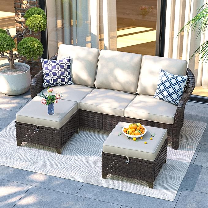 3 Pieces Patio sectional Sofa Set, Outdoor Conversation Furniture Set, 78" 3-Seat Couch with 2 Ottomans - Photo 1