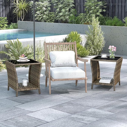 Outdoor Wicker Side Table, Set of 2 Rattan Side Tables End Table for Patio with Glass Top Rattan Storage for Patio Garden Balcony