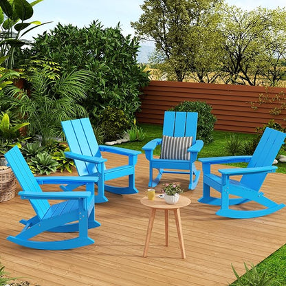WestinTrends Ashore Patio Rocking Chair, All Weather Poly Lumber Plank Adirondack Rocker Chair, Modern Farmhouse Outdoor Rocking Chairs for Porch Garden Backyard and Indoor, Pacific Blue