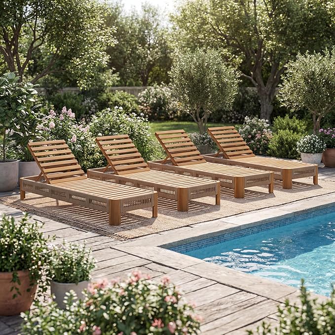 Christopher Knight Home Lamon Acacia Wood Chaise Lounge Chair Outdoor Set of 4, Woven Rope Accents - Photo 1