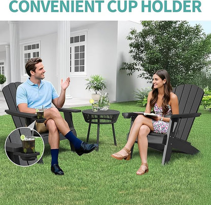NUNU LAB Oversized Adirondack Chair Weather Resistant with Cup Holder, Black Outdoor Patio Chair, HDPE Adirondack Chairs for Patio, Law, Garden, Camping - Easy Installation