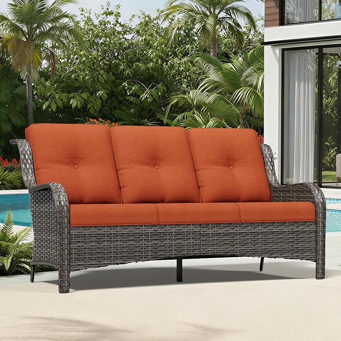 Joyside Outdoor Patio Couch, 3 Seater Outdoor Wicker Sofa with High Back, Deep Seating, Wide Armrest, Thickened Cushions - Photo 1