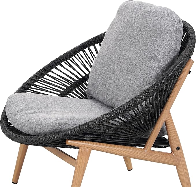 Christopher Knight Home Cyril Outdoor Papasan Chair with Cushion, Wicker Egg Chair with Removable Cushion, PE Wicker Chaise Lounge Chair, Patio Furniture Set for Garden/Backyard, Brown+Dark Grey