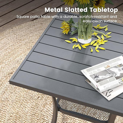 DIFY 27.6" Small Square Outdoor Dining Table for 2, Slatted Metal Patio Table with Storage Shelf, All-Weather Patio Dining Table for Garden Backyard Deck, Grey Tabletop