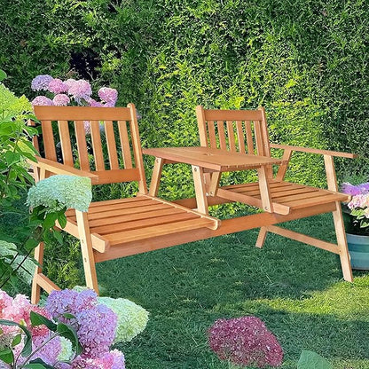 PayLessHere Outdoor Patio Bench Garden Bench Eucalyptus Wood Patio Bench with Table Outdoor Loveseat for Backyard Balcony Pool Beach Garden, Nature