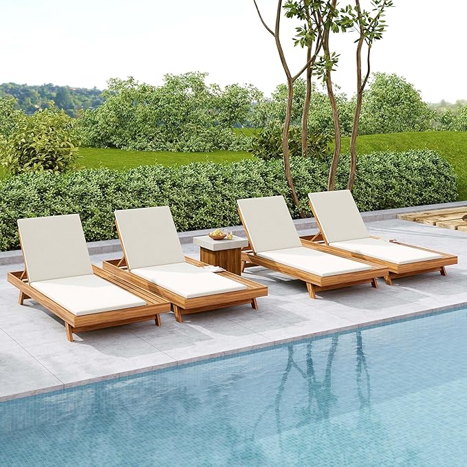 Acacia Wood Outdoor Chaise Lounge with Open Slatted Side, 4-Position Pool Lounge Chairs with All-Weather Cushion - Photo 8