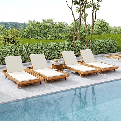Acacia Wood Outdoor Chaise Lounge with Open Slatted Side, 4-Position Pool Lounge Chairs with All-Weather Cushion, Teak Finish Reclining Patio Chair, 300Lbs Capacity (Cream, 2 inch)