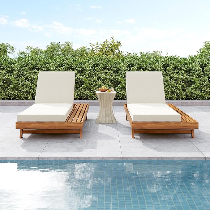 2-Piece Patio Lounge Chair Set with Side Space, Outdoor Chaise Lounge Adjustable & Breathable Acacia Wood Frame - Photo 4
