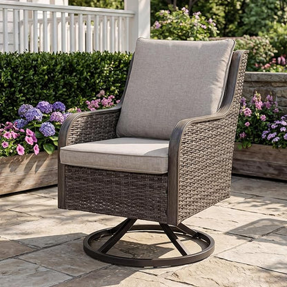 Swivel Patio Chair, High Back Outdoor Rattan Chair with Thick Cushions, Hand-Woven Wicker Furniture for Balcony Garden Deck