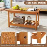 RELAX4LIFE 2-Tier Outdoor Coffee Table - Acacia Wood Rectangular Patio Center Table w/Slatted Tabletop & Storage Shelf - Photo 6