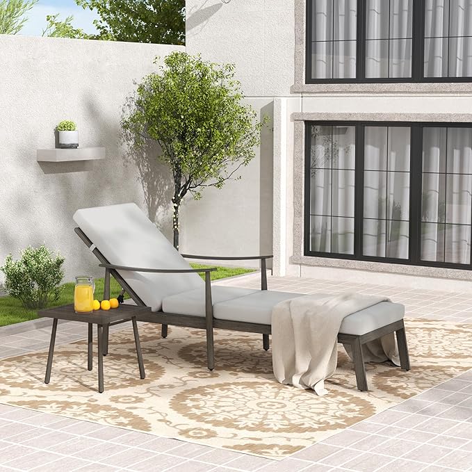 Outdoor Lounge Chair with Armrest, Patio Aluminum Chaise Lounge Set of 2, Adjustable Backrest with Rope Design - Photo 1