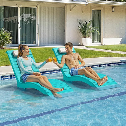 Pool Lounge Chairs Outdoor Set of 2，HDPS Long Pool Chairs for in Pools, Weighted All Weather Tanning Chair with Headrest，Chaise Lounge for Outside Beach Patio Sun Bathing Hotel, Aruba Blue
