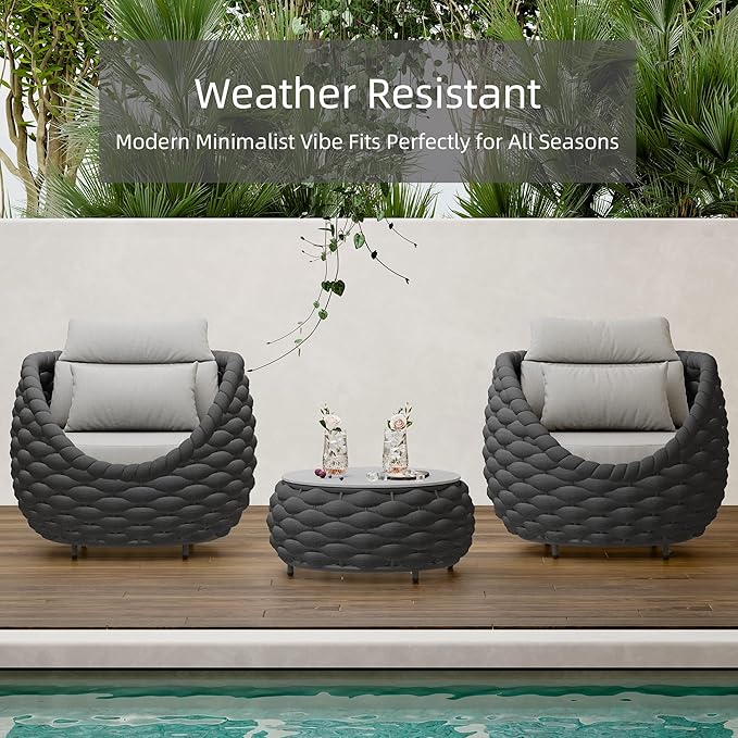 Round Coffee Table for Indoor & Outdoor Use, Aluminum Patio Furniture with Handwoven Ropes, Weather-Resistant for Garden - Photo 3