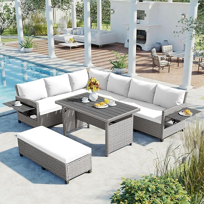 Merax Patio Furniture Sets Outdoor, All Weather Sectional PE Rattan Sofa with 2 Extendable Side Tables, Dining Table and Bench, White