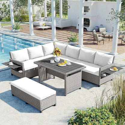 Merax Patio Furniture Sets Outdoor, All Weather Sectional PE Rattan Sofa with 2 Extendable Side Tables, Dining Table and Bench, White