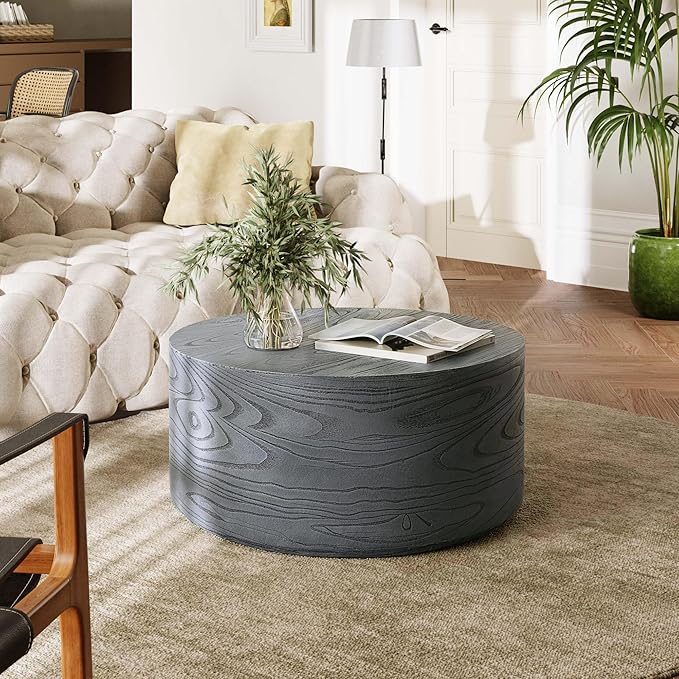 UPHA 28" Round Outdoor Coffee Table, Modern Hollow Concrete Patio Table, Small Minimalist Low Accent Table for Living Room, Balcony, Deck, Backyard, Gray Wood Finish