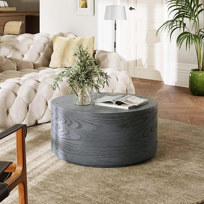 UPHA 28" Round Outdoor Coffee Table, Modern Hollow Concrete Patio Table, Small Minimalist Low Accent Table for Living Room, Balcony, Deck, Backyard, Gray Wood Finish