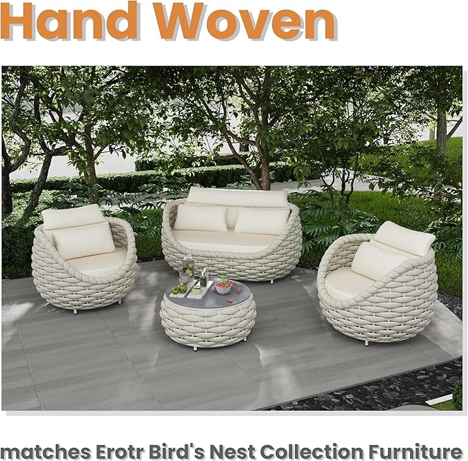 Short Round Patio Side Table: Assembled Hand Woven Rope Accent Tables - Aluminum Outdoor Coffee Table Modern - Metal Porch Furniture for 176lbs Deck Pool Garden Balcony Hotel φ25.6''/65cm, Beige