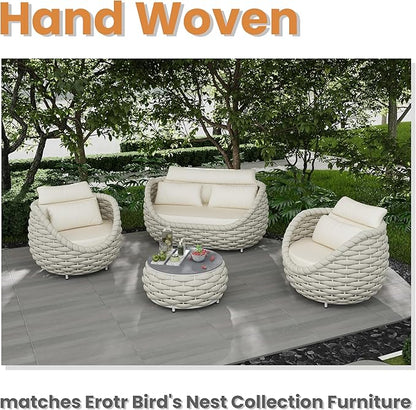 Short Round Patio Side Table: Assembled Hand Woven Rope Accent Tables - Aluminum Outdoor Coffee Table Modern - Metal Porch Furniture for 176lbs Deck Pool Garden Balcony Hotel φ25.6''/65cm, Beige