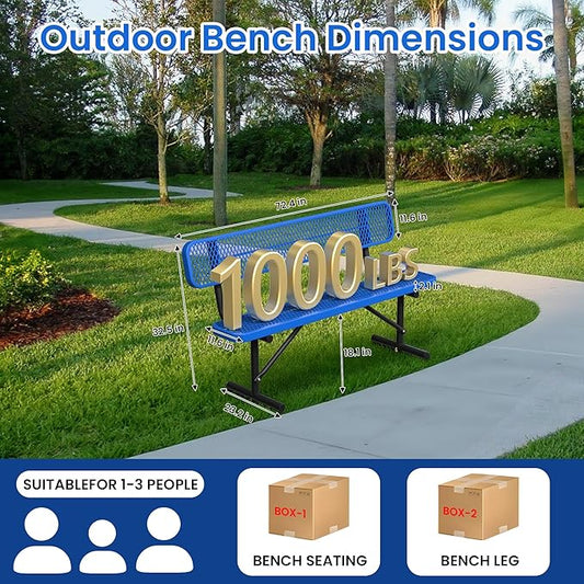 6FT Outdoor Metal Bench Park Benches for Outside, Blue Heavy Duty Long Steel Bench with Back, Commercial Garden Bench Expanded Metal Bench Seat for Lawn, Park, Deck, Garden, Patio, Porch