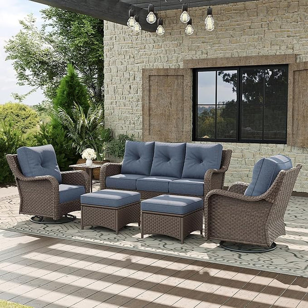 6 Piece Patio Furniture Set, All-Weather Wicker Outdoor Conversation Set with Swivel Rocking Chair and 6 Inch Thick - Photo 1