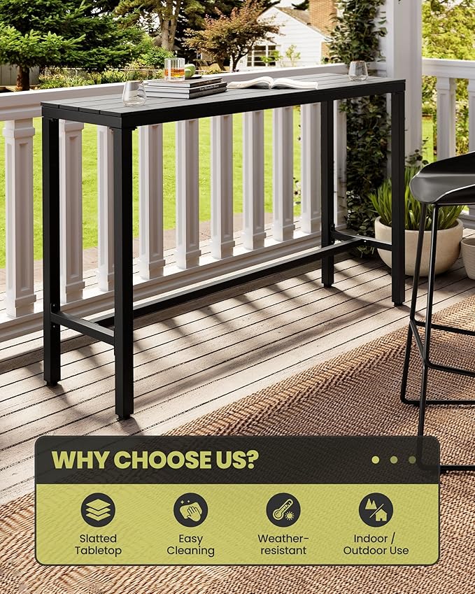 Crestlive Products Outdoor Bar Table, 55'' Rectangle Patio Counter Height Table High Pub Table with Waterproof Top and Sturdy Metal Frame for Balcony, Bistro, Garden, Backyard, Hot Tub (Black)