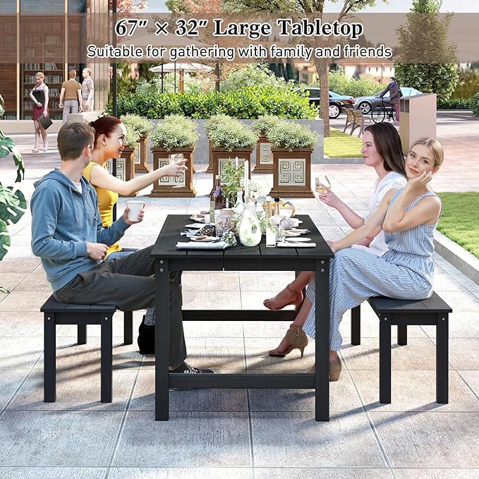 Tangkula HDPE Outdoor Dining Table for 6 Person, 67” Patio Table with Wood-Like Tabletop and Umbrella Hole, Weather-Resistant Rectangle Table for Garden, Backyard and Poolside (Black, 1 Table)