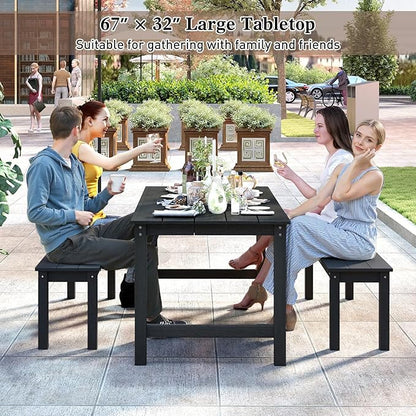 Tangkula HDPE Outdoor Dining Table for 6 Person, 67” Patio Table with Wood-Like Tabletop and Umbrella Hole, Weather-Resistant Rectangle Table for Garden, Backyard and Poolside (Black, 1 Table)