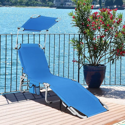Goplus Tanning Chair, Foldable Beach Lounge Chair with 360°Canopy Sun Shade, Side Pocket, 5-Position Adjustable Outdoor Chaise Lounge Chair for Patio Pool Yard Lawn (1, Blue)