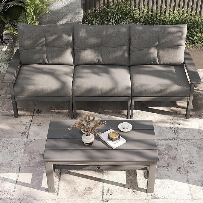 Grey HDPE Patio Sofa Set, 3-Piece Sectional Outdoor Patio Furniture Set - Photo 9