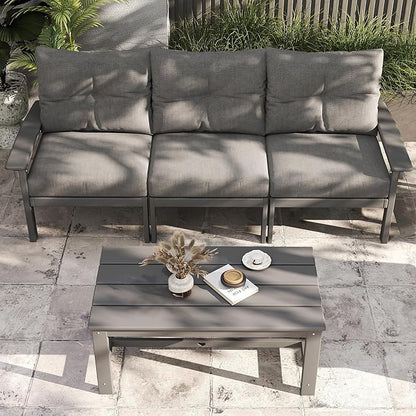 Grey HDPE Patio Sofa Set, 3-Piece Sectional Outdoor Patio Furniture Set, All Weather Outdoor Couch Set with Washable Thick Cushions for Lawn, Garden, Deck, Balcony, Porch, Poolside, Yard