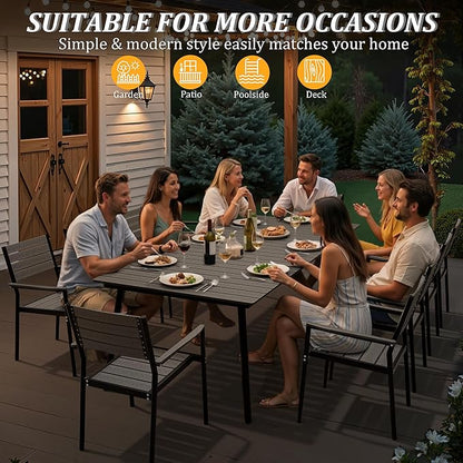 95" Patio Outdoor Dining Table for 8-10, Weather-Resistant Wood-Grain Top with Aluminum Frame & Umbrella Hole for Deck Gatherings, Dark Grey