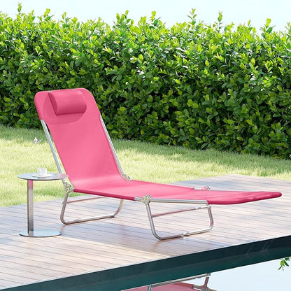 Outsunny Folding Chaise Lounge Chair, Pool Sun Tanning Chair, Outdoor Lounge Chair with Reclining Back, Breathable Mesh Seat, Headrest for Beach, Yard, Patio, Pink