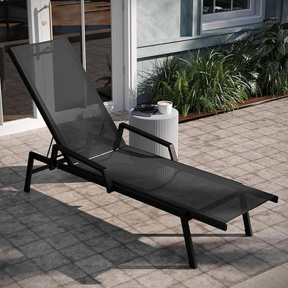 EMMA + OLIVER Braelin Adjustable Patio Chaise Lounge - Black Textilene Seat - 5 Recline Positions - Metal Frame - All-Weather