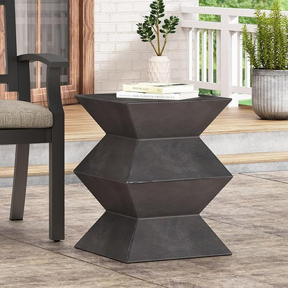 Outdoor Concrete Side Table Faux Stone End Table, Square Outdoor Accent Tables, Garden Stool Plant Stand for Porch, Backyard Patio Black
