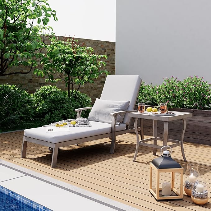 HAPPATIO Aluminum Patio Chaise Lounge Set 2 Pieces, Aluminum Patio Lounge Chair with Side Table, Pool Lounge Chair with Cushion for Patio Deck Poolside (Gray)