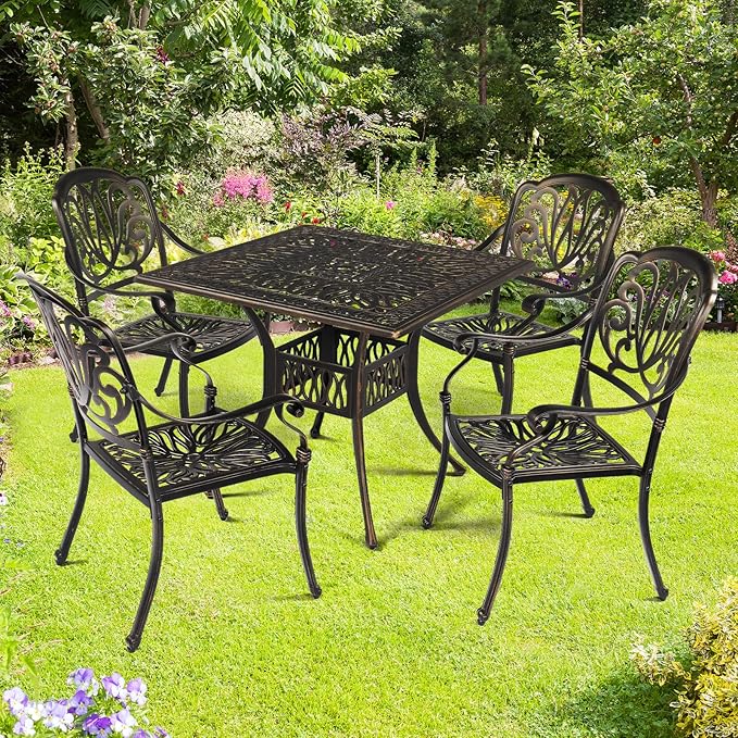 VINGLI Outdoor Dining Chairs Set of 4 Aluminum Patio Chairs, Cast Aluminum Patio Furniture Aluminum Outdoor Chairs for Backyard, Poolside, Balcony Bronze (4, Elizabeth Back Without Cushion)