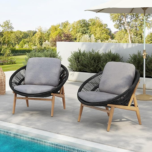 Merax Outdoor Wicker Papasan Chair Set of 2, Rattan Patio Papasan Egg Lounge Chair with Cozy Cushion, Low Seat Round Chair for Backyard Balcony Garden Poolside, All-Weather, Easy Assembly, Grey