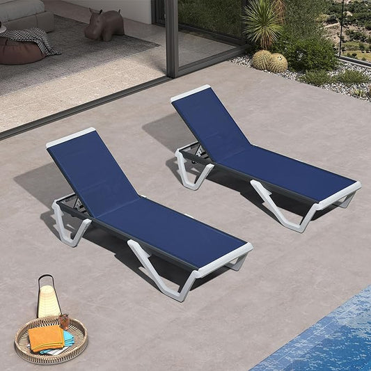 PURPLE LEAF Outdoor Chaise Lounge Set of 2 Plastic Pool Lounge Chair with Aluminum Frame Stackable Patio Tanning Chairs for Poolside Sunbathing Beach Deck Yard, Navy Blue