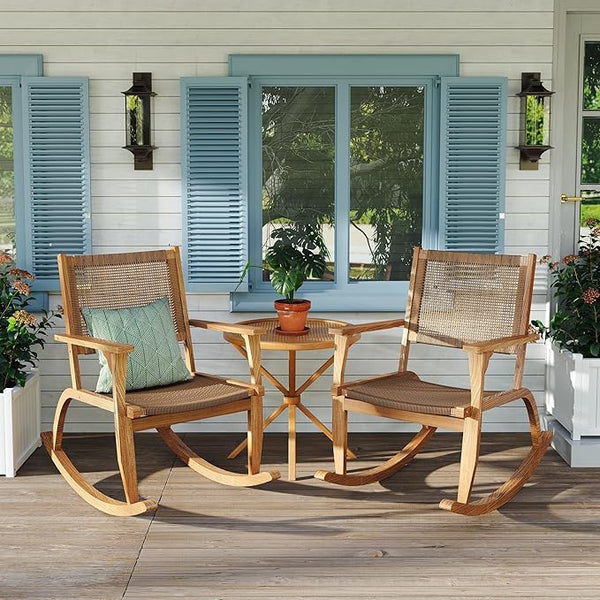Merax 2-Piece Patio Rocking Chair Set, Acacia Wood Outdoor Rockers with PE Wicker Rattan Seat & Backrest - Photo 1