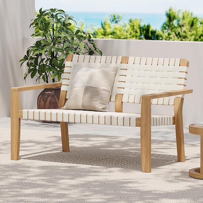 Merax Patio Furniture Acacia Wood Bench, Woven Rope Outdoor Loveseat Sofa, 2-Person Deep Seating Porch Bench for Garden, Backyard Park Balcony, Light Teak Finish & White