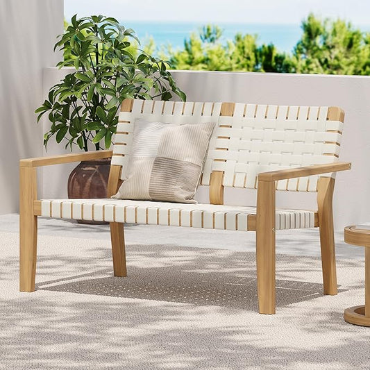 Merax Patio Furniture Acacia Wood Bench, Woven Rope Outdoor Loveseat Sofa, 2-Person Deep Seating Porch Bench for Garden, Backyard Park Balcony, Light Teak Finish & White