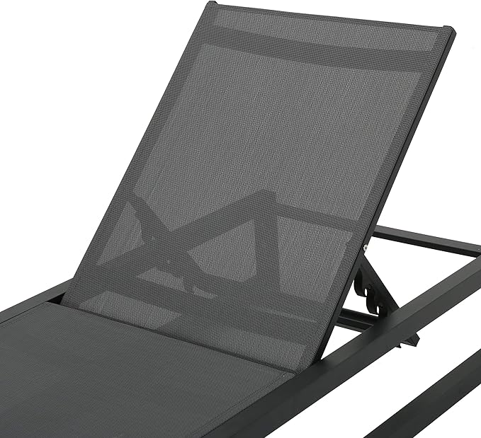 Christopher Knight Home Modesta Outdoor Aluminum Framed Chaise Lounges with Mesh Body, 2-Pcs Set, Black Finish / Grey Mesh