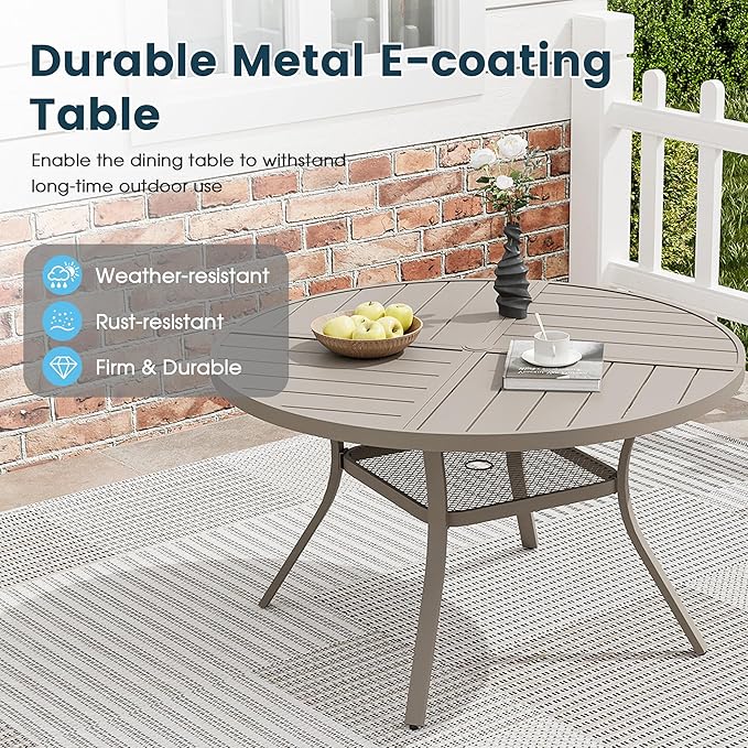 Patio Dining Table for 4, Round Metal Outdoor Table with Storage Shelf, 1.57" Umbrella Hole, 41" Outdoor Quartered Tabletop Dining Table for Backyard, Porch, Lawn, Sand