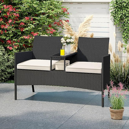 Tangkula Patio Loveseat with Built-in Table, Wicker 2-Seat Furniture with Soft Cushions & Tempered Glass Tabletop, Metal Frame Outdoor Conversation Seating Bench for Backyard, Porch