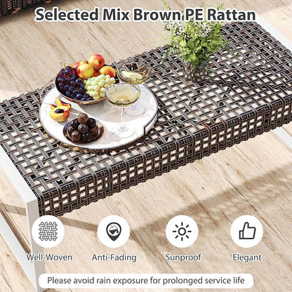 HAPPYGRILL Patio Rattan Loveseat Bench Ottoman, 43 Inch Outdoor Seat with Metal Legs & Seat Cushion, Wicker Footstool Seating Furniture for Backyard, Poolside, Front Porch (2)